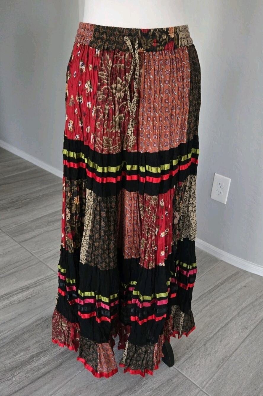 Silver Stream Boho Artsy Patchwork Tiered Maxi Peasant Broomstick Skirt One Size
